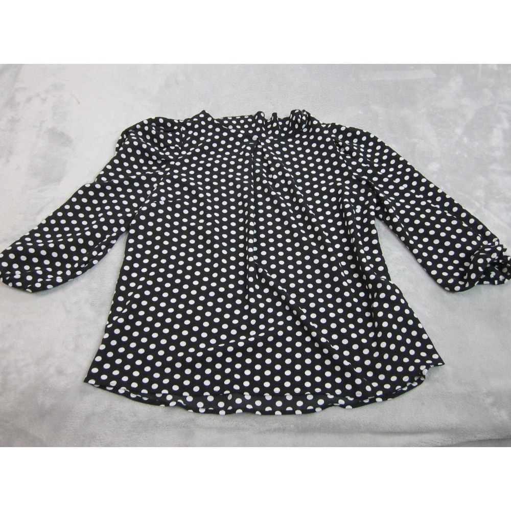 Monteau Polka Dot Blouse Womens L Black Ruffle Neck Keyhole Back Elastic Cuffs